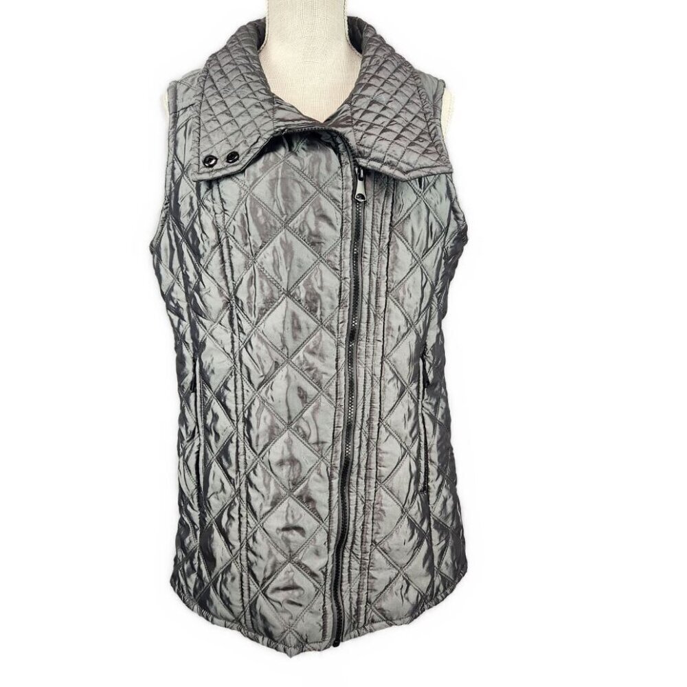 Marc New York Andrew Marc Quilted Asymmetrical Vest Women's Sz M Metallic Gray